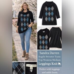 Sandra Darren Argyle Sweater Tunic Womens Medium Cowl Neck Leggings Top